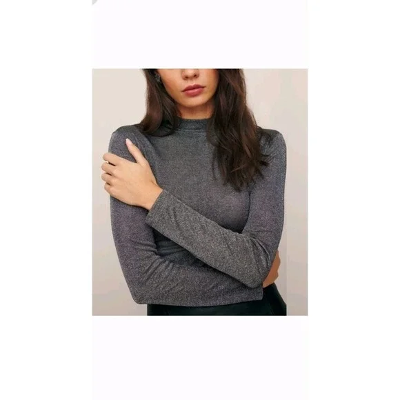 Reformation Bailey Knit Top Sparkle Black Pullover Long Sleeve Mock Neck - Picture 2 of 10